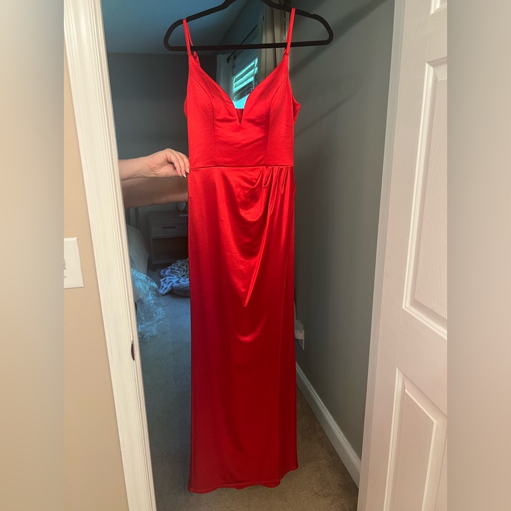 Red V neck Sweetheart faux wrap dress